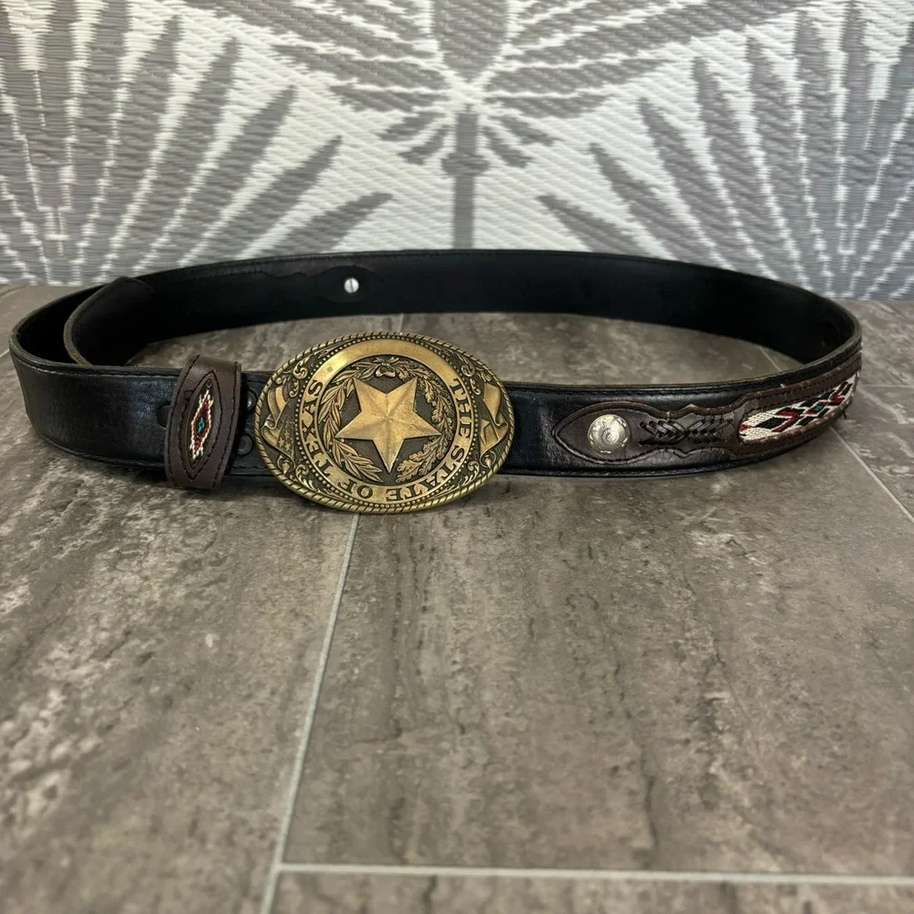 Vintage Tony Lama Texas Star Brass Buckle Belt Leather Western Concho men’s 48
